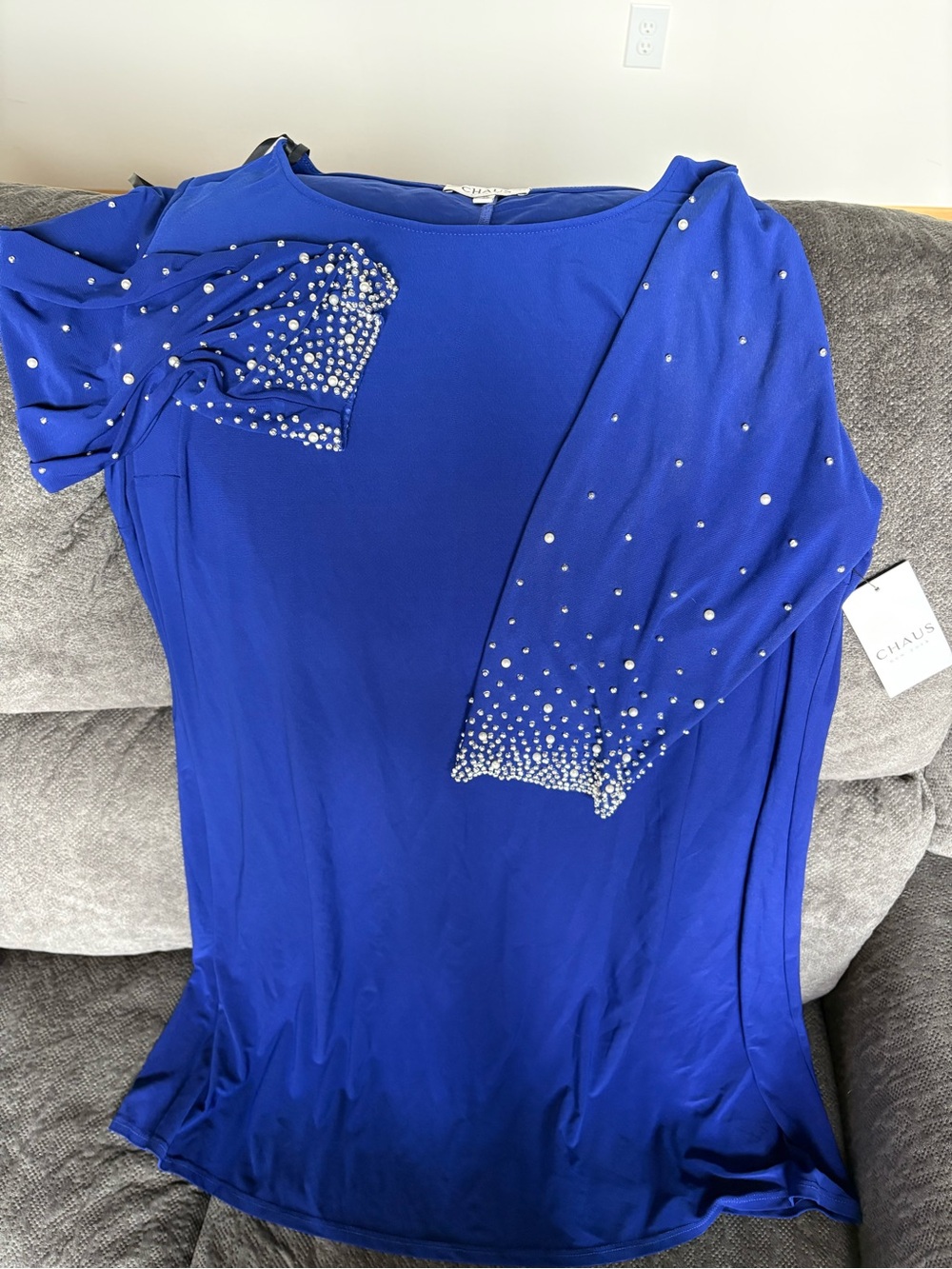 Chaus Royal Blue Long Sleeve Dress with Rhinestone Accents